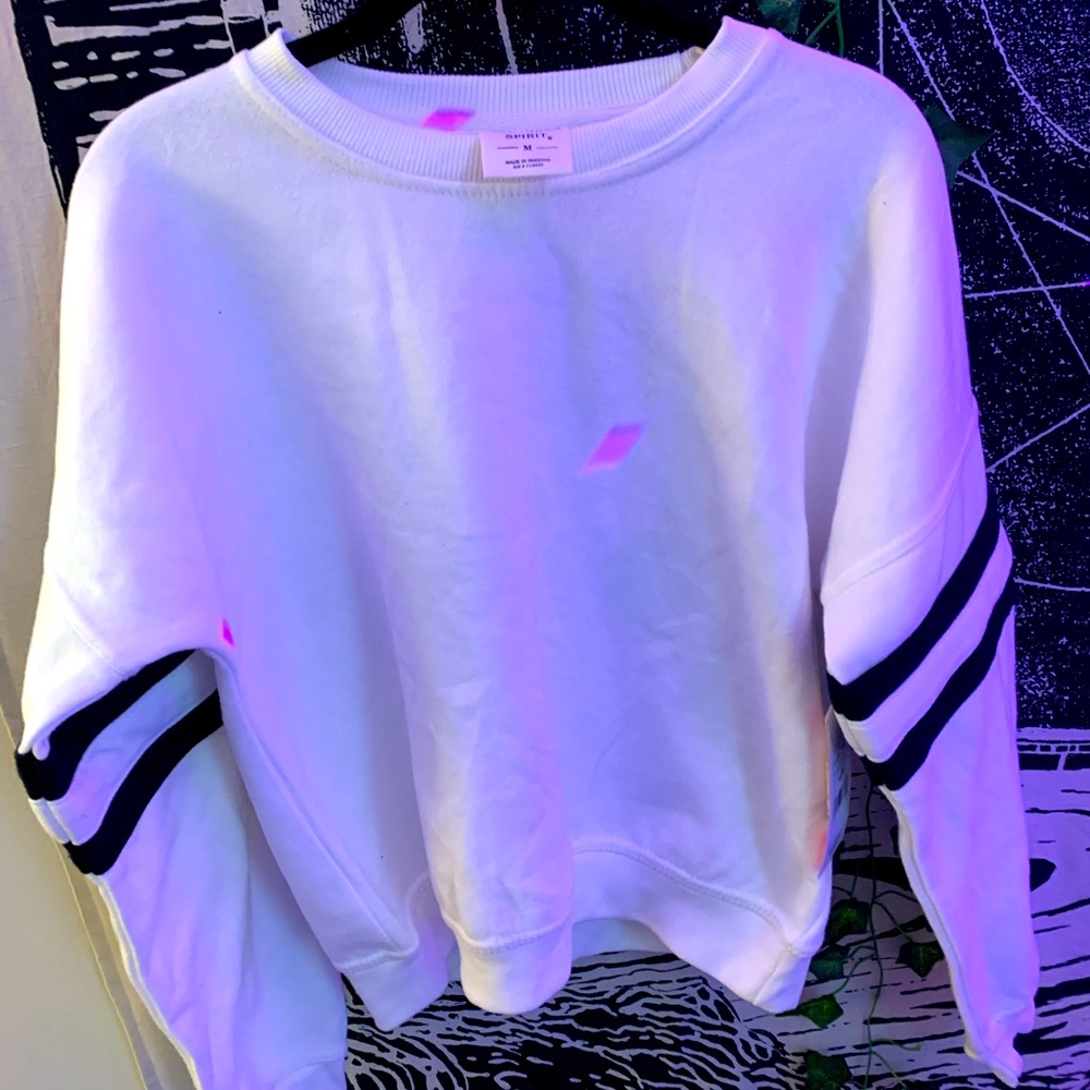 white and black striped crewneck pullover
